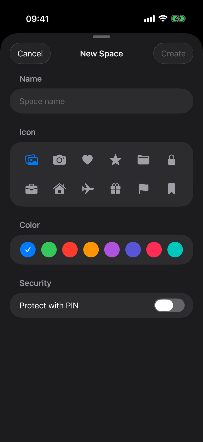 Personnalisation d'un espace photo privé avec icônes et couleurs